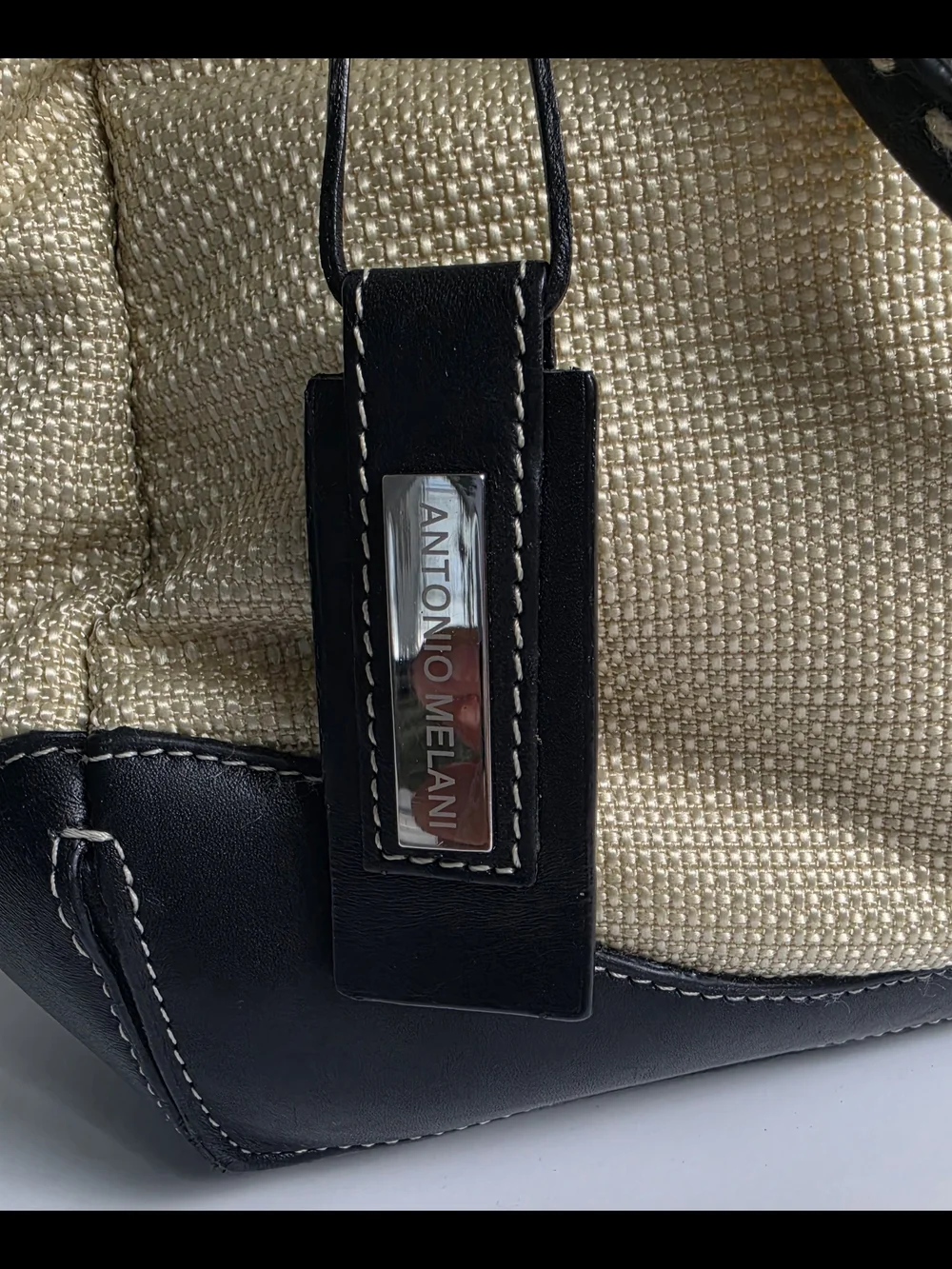 Antonio Melani Woven Canvas Tote Shoulder Bag Black Leather Trim Beige Large